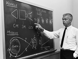 NASA engineer John C. Houbolt describes the Lunar Orbit Rendezvous concept at the chalkboard in July 1962. Image Credit: NASA (from universetoday.com)